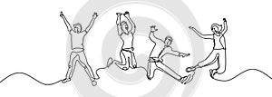 Continuous line drawing of four jumping happy people. Team members jump enjoying their life metaphor of freedom, celebration, and