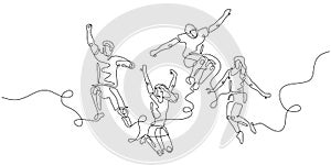 Continuous line drawing of four jumping happy team members. One single line drawing of a group of friends jumping with joy