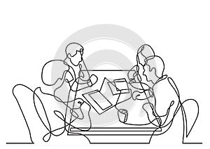 Continuous line drawing of four team members working together