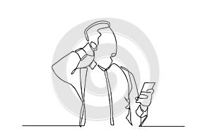 Continuous line drawing of full length standing man with backpack checking his phone. Lost tourist with back pack trying