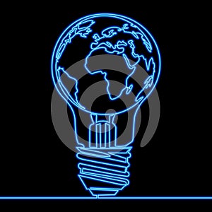 Continuous line drawing Futuristic global energy, innovation light bulb with earth map icon neon concept