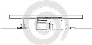 Continuous line drawing of gas station building construction. Fuel station service one line style design. Vector