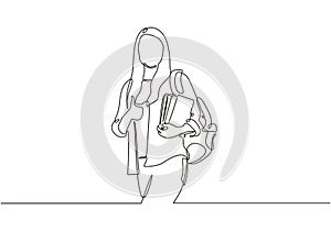 Continuous line drawing of girl with book and standing. Teenager college woman holding stack of books and studying minimalist