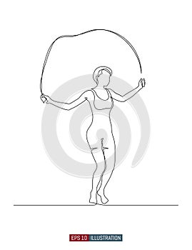 Continuous line drawing of girl jumping with skipping rope. Vector illustration.