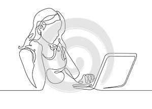 Continuous line drawing girl sits at a laptop