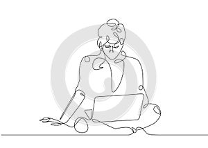 Continuous line drawing girl sits at a laptop