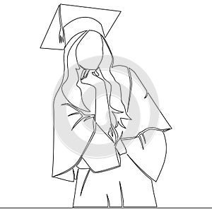 Continuous line drawing girl student silhouette graduate student icon vector illustration concept