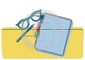 Continuous line drawing of glasses notepad and pencil