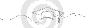 Continuous line drawing of graduation cap isolated on white background