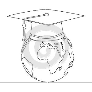 Continuous line drawing graduation cap on planet Earth E-learning distance Internet education concept