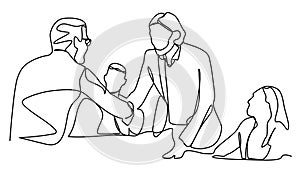continuous line drawing of a group of business people having discussions in the conference room. A young professional business
