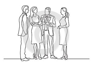 Continuous line drawing of group of business professionals standing discussion