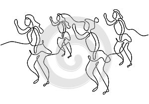 Continuous line drawing of group of girls in zumba dance. Four energetic young womens practice dance isolated on white background