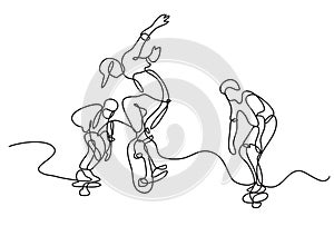 Continuous line drawing of group of skaters photo