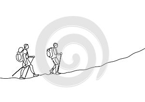 Continuous line drawing of group two people hiking and climbing adventure travelers