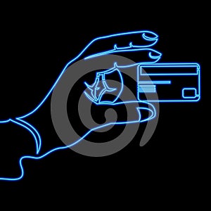 Continuous line drawing Hand with credit card for payment business icon neon glow vector illustration concept