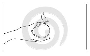 Continuous line drawing of hand giving apple