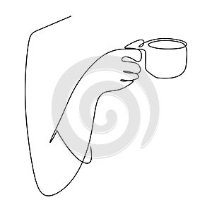 Continuous line drawing of the hand holding a cup of coffee