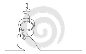 Continuous line drawing of hand holding cup of hot coffee