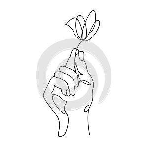 Continuous line drawing. Hand holding flower. Vector illustration