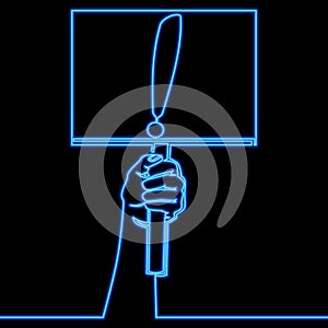 Continuous line drawing hand holding signboard with exclamation mark symbol icon neon glow vector illustration concept