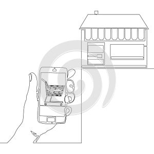 Continuous line drawing Hand holding smartphone with shopping app Shop building icon vector illustration concept