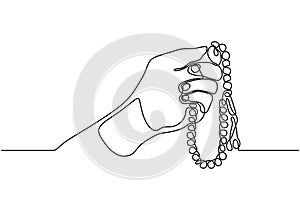 Continuous line drawing hand holding Tasbeeh or prayer beads