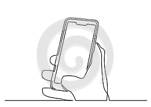 Continuous line drawing of hand with modern cell phone