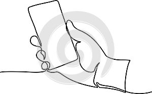 Continuous line drawing of hand using modern mobile phone. Continuous one line drawing of hand holding phone or