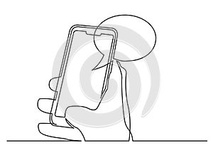 Continuous line drawing of hand using social media app on mobile phone