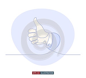 Continuous line drawing of hand whith thumb up gestures. Vector illustration.