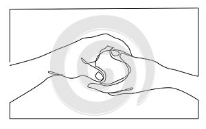 Continuous line drawing of hands giving apple