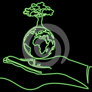 Continuous line drawing Hands holding planet Earth Caring for environment ecology icon neon concept