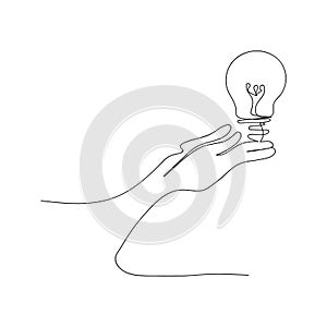 continuous line drawing of hands palms light bulb. isolated sketch drawing of hands palms light bulb line concept. outline thin