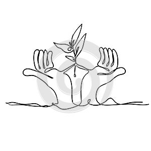 Continuous line drawing. Hands palms together with growth plant doodle handdrawing style photo