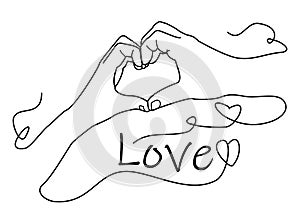 continuous line drawing of hands showing sign of love