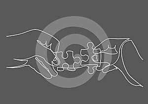 Continuous line drawing of hands solving jigsaw puzzle