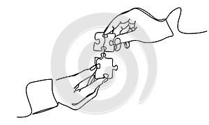 continuous line drawing of hands solving jigsaw puzzle