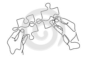 continuous line drawing of hands solving jigsaw puzzle