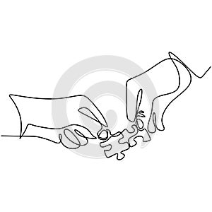 Continuous line drawing of hands solving jigsaw puzzle. Hands combining two puzzle pieces isolated on white background. Close up