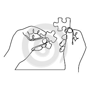 continuous line drawing of hands solving jigsaw puzzle minimalist design