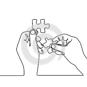 continuous line drawing of hands solving jigsaw puzzle minimalist design