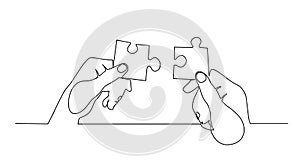 Continuous line drawing of hands solving jigsaw puzzle minimalist design. Continuous line drawing hand solving puzzle. Hands