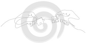 Continuous line drawing of hands solving jigsaw puzzle. Teamwork concept drawn by one line. Vector illustration.