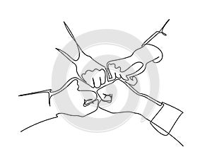 Continuous line drawing of hands of team bumping fists together