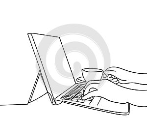 Continuous line drawing of hands typing on laptop computer