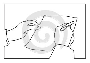 Continuous line drawing of hands writing