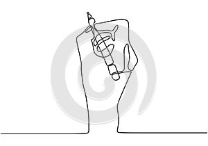 continuous line drawing of hands writing letter. One hand drawn sketch business metaphor of idea and creative work