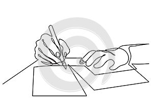Continuous line drawing of hands writing letter photo