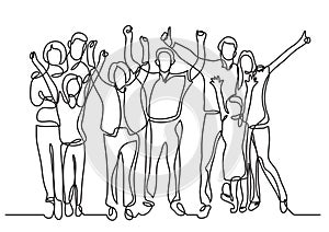 Continuous line drawing of happy big family cheering